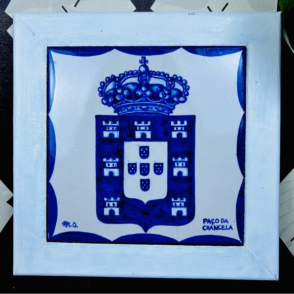 Vintage Other - Paco da Chancela Portuguese Heraldic Ceramic Tile Framed 7.5" Blue and White